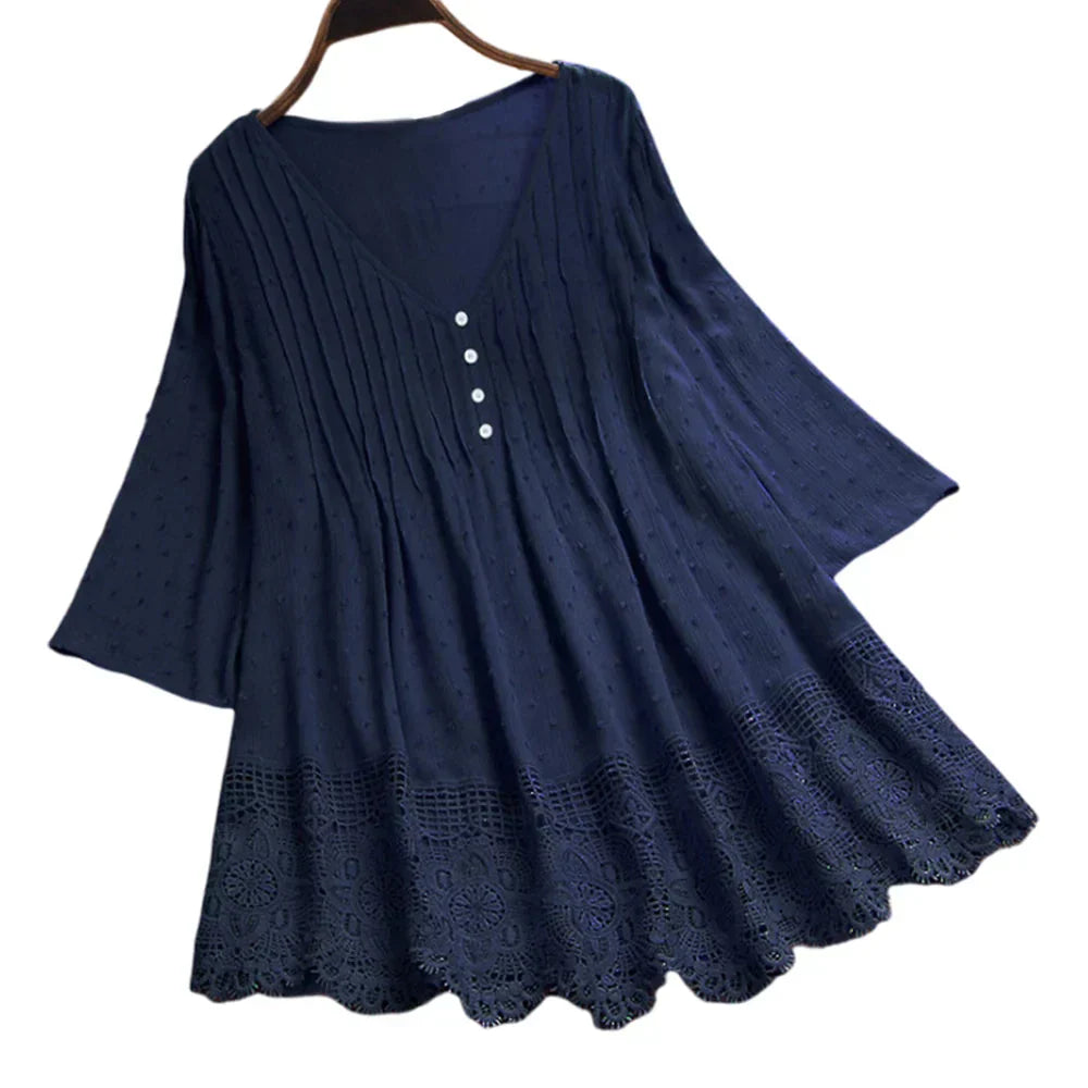 Modische Designer-Bluse mit Spitzenbesatz, Größe 5XL, V-Ausschnitt (Fudus)