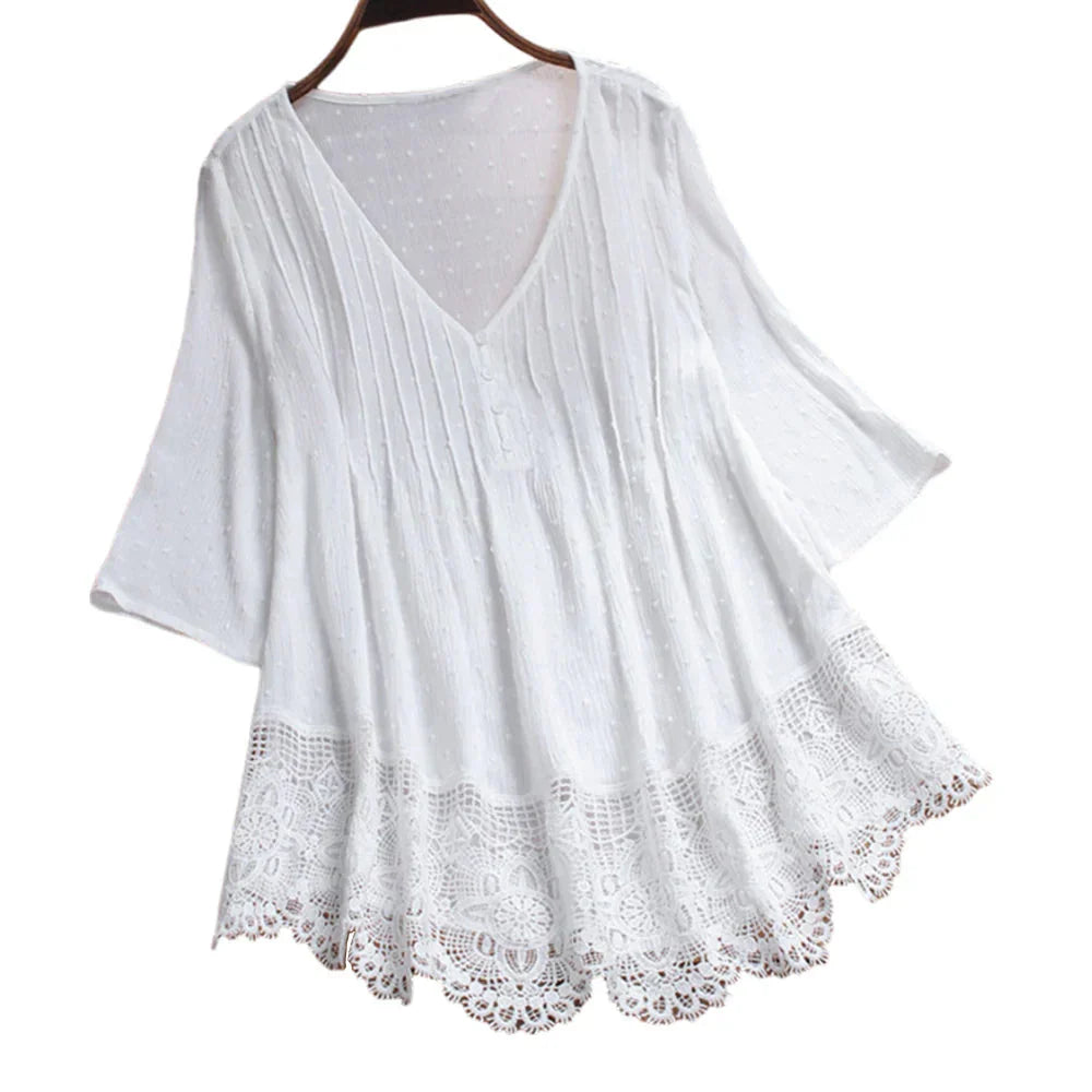 Modische Designer-Bluse mit Spitzenbesatz, Größe 5XL, V-Ausschnitt (Fudus)