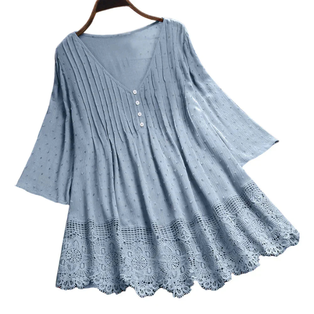 Modische Designer-Bluse mit Spitzenbesatz, Größe 5XL, V-Ausschnitt (Fudus)