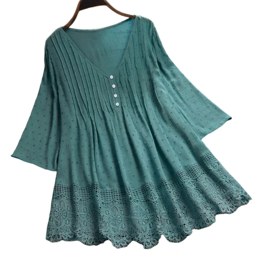 Modische Designer-Bluse mit Spitzenbesatz, Größe 5XL, V-Ausschnitt (Fudus)