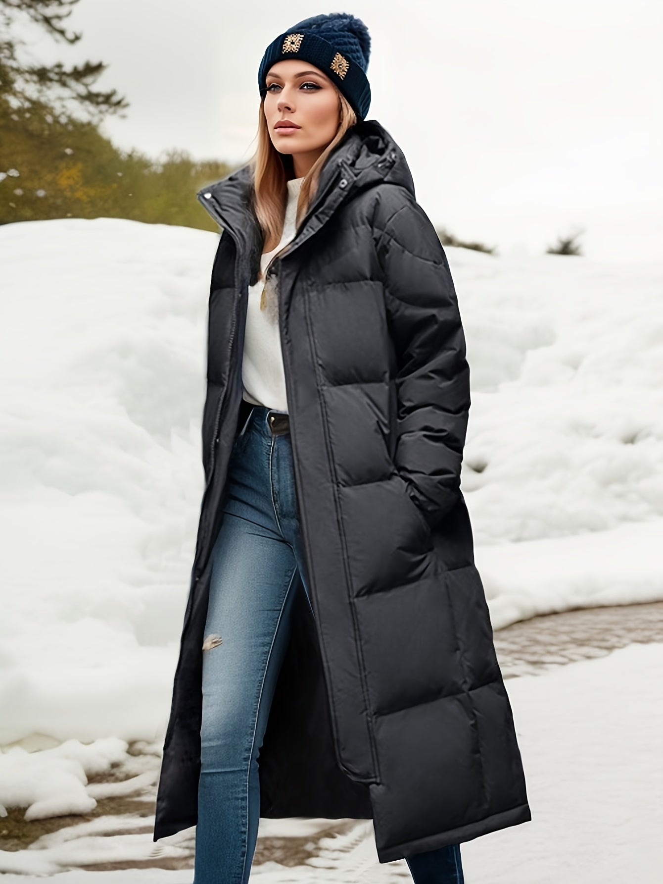Krohn-e | Damen Langer Daunenmantel mit Kapuze für Herbst/Winter
