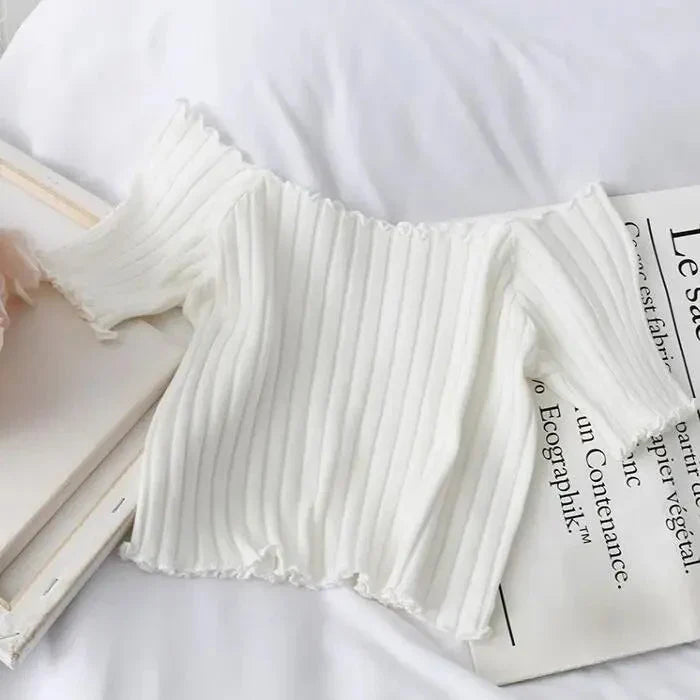 Designer Rippstrick T-Shirts von Fudus, schulterfrei