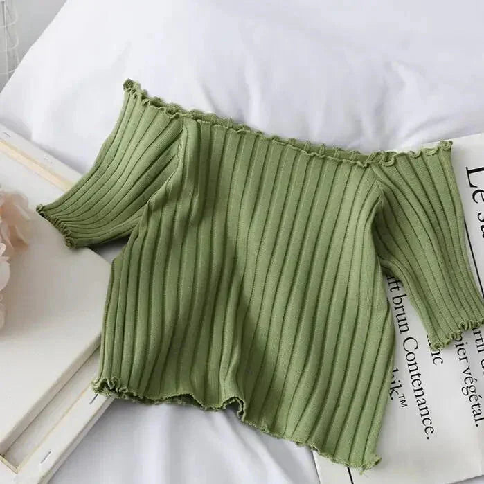 Designer Rippstrick T-Shirts von Fudus, schulterfrei