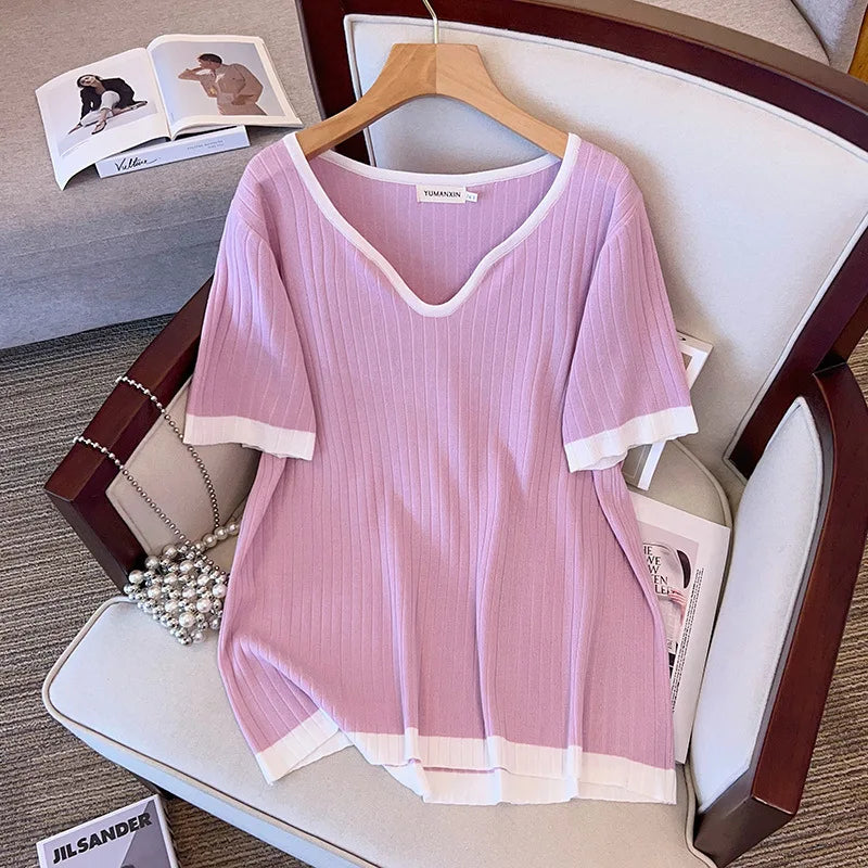 Stylish Patchwork V-neck Blouse & T-shirts by Fudus (Sizes 5-10XL)