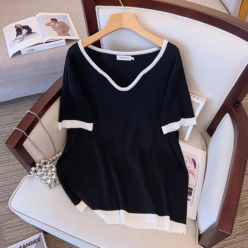 Stylish Patchwork V-neck Blouse & T-shirts by Fudus (Sizes 5-10XL)