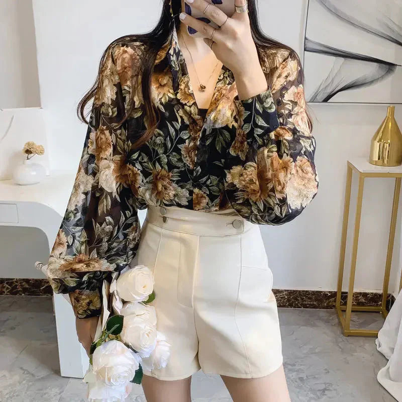 Modische Chiffonbluse mit Puffärmeln von Fudus – Langarm-Oberteil