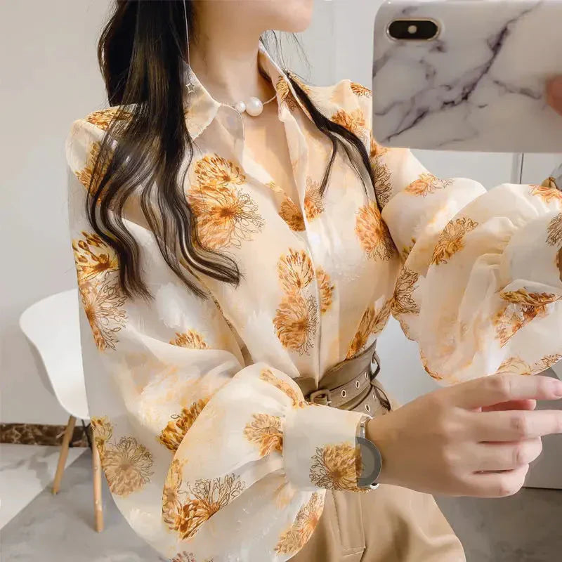 Modische Chiffonbluse mit Puffärmeln von Fudus – Langarm-Oberteil