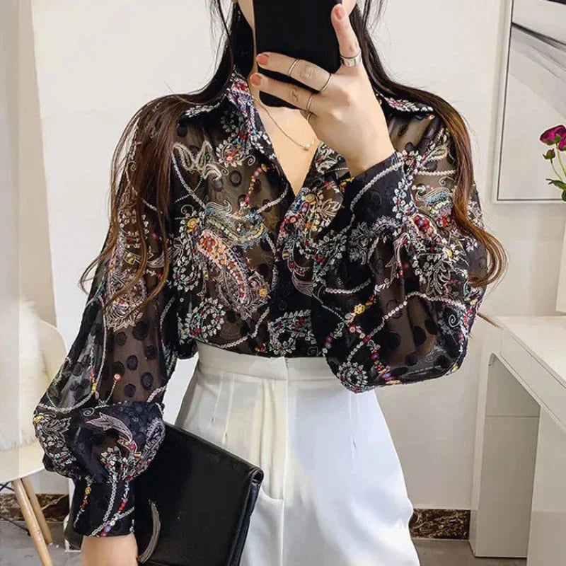 Modische Chiffonbluse mit Puffärmeln von Fudus – Langarm-Oberteil