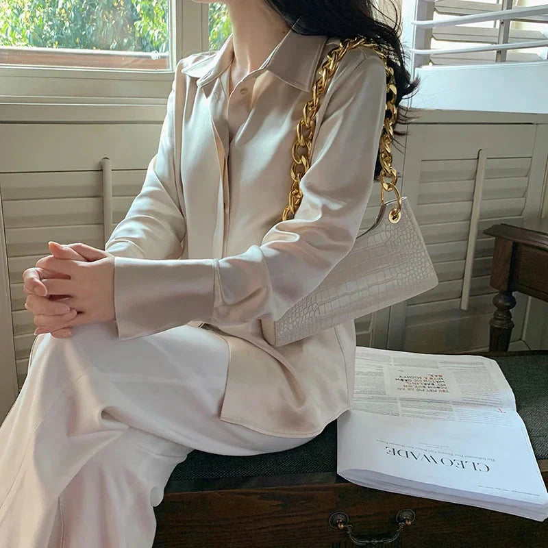 Elegant Satin Blouse with Lantern Sleeves