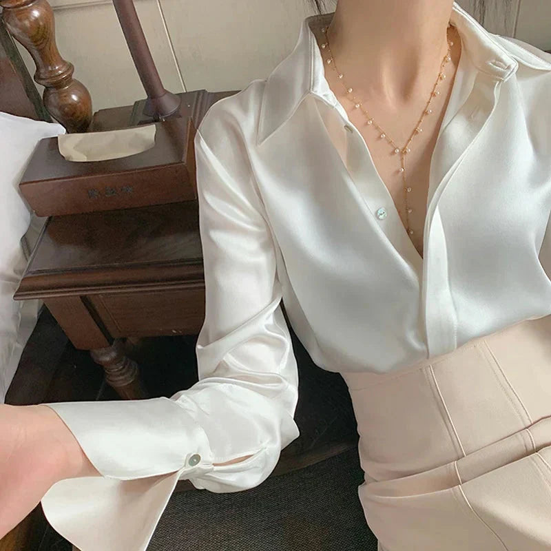Elegant Satin Blouse with Lantern Sleeves