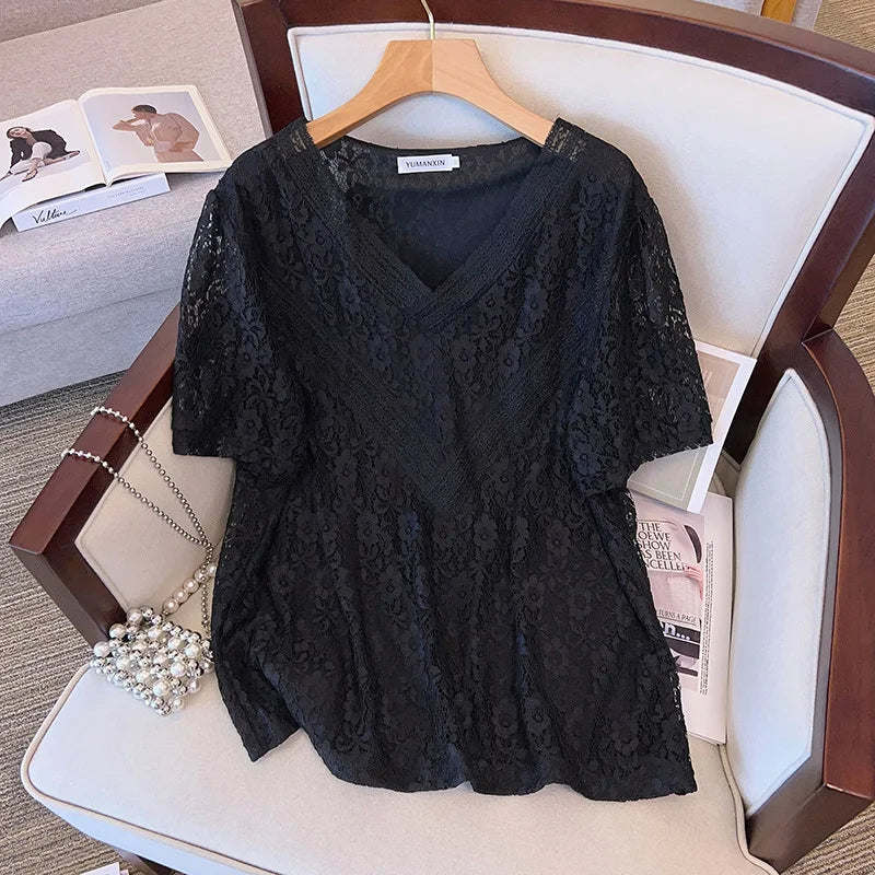Stylish Fudus V-Neck Lace Tops, Sizes 4-9XL
