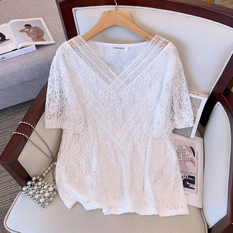 Stylish Fudus V-Neck Lace Tops, Sizes 4-9XL