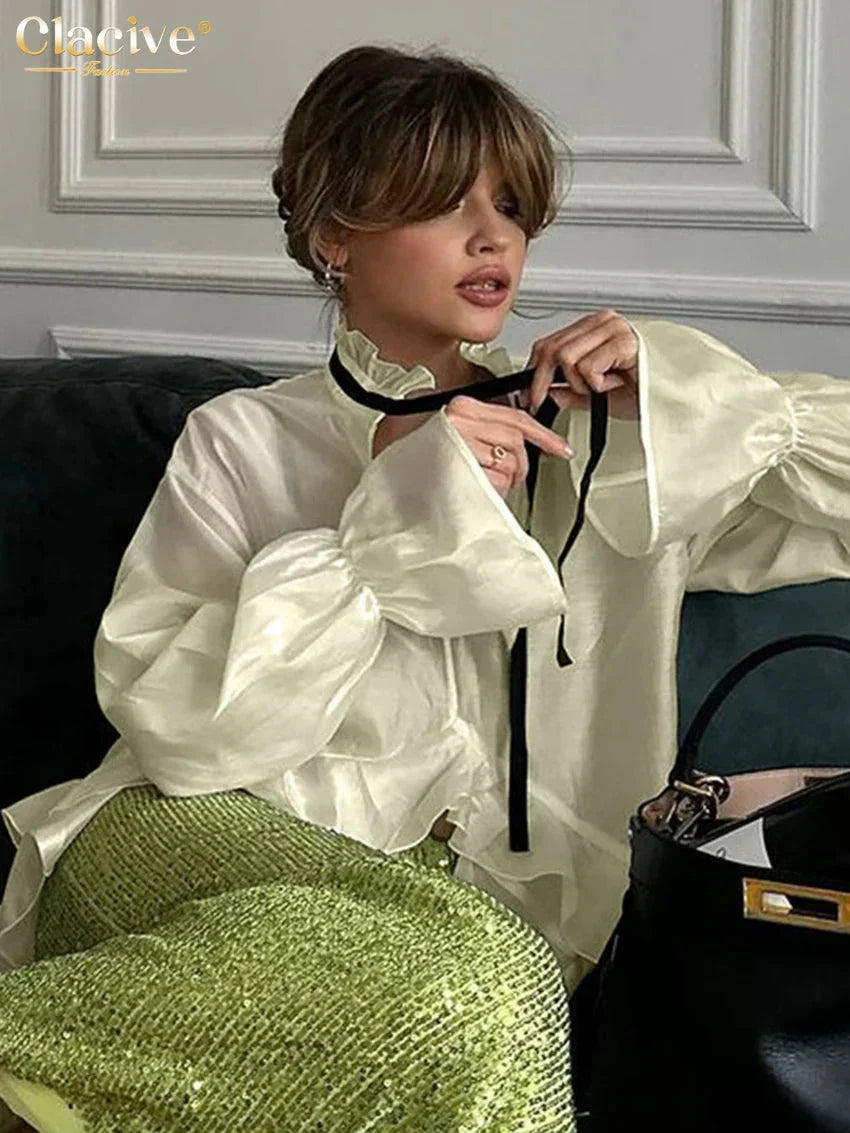 Fudus Designer Long-Sleeve Top with Sheer Mesh Ruffled Hem