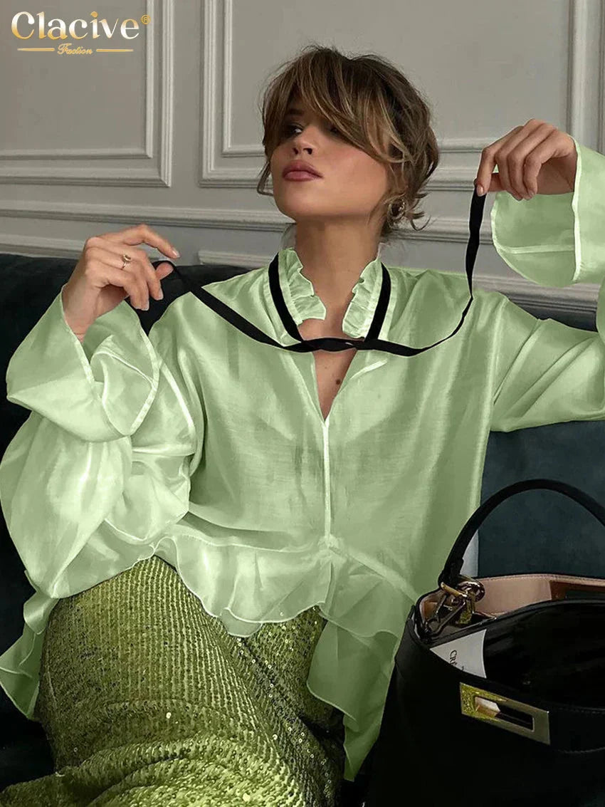 Fudus Designer Long-Sleeve Top with Sheer Mesh Ruffled Hem