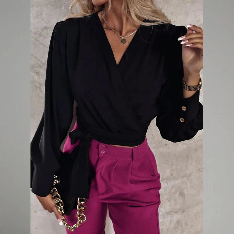 Stylish Long-Sleeve V-Neck Blouse with Button Detail