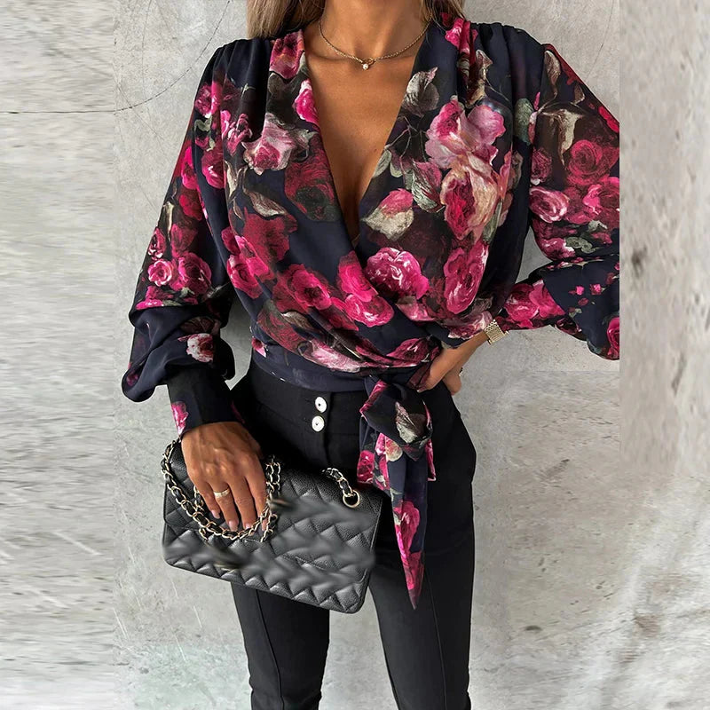 Stylish Long-Sleeve V-Neck Blouse with Button Detail