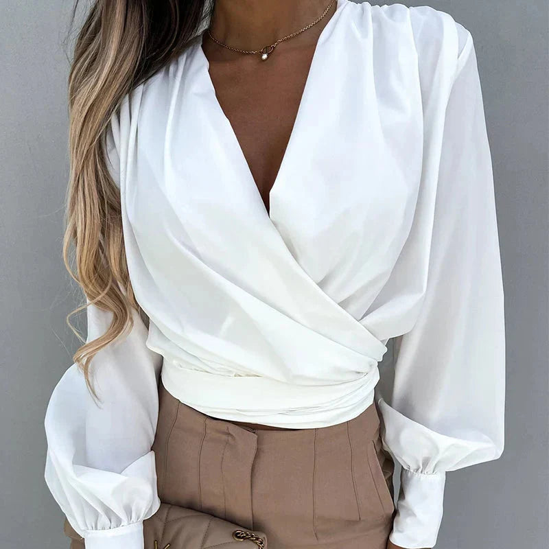 Stylish Long-Sleeve V-Neck Blouse with Button Detail