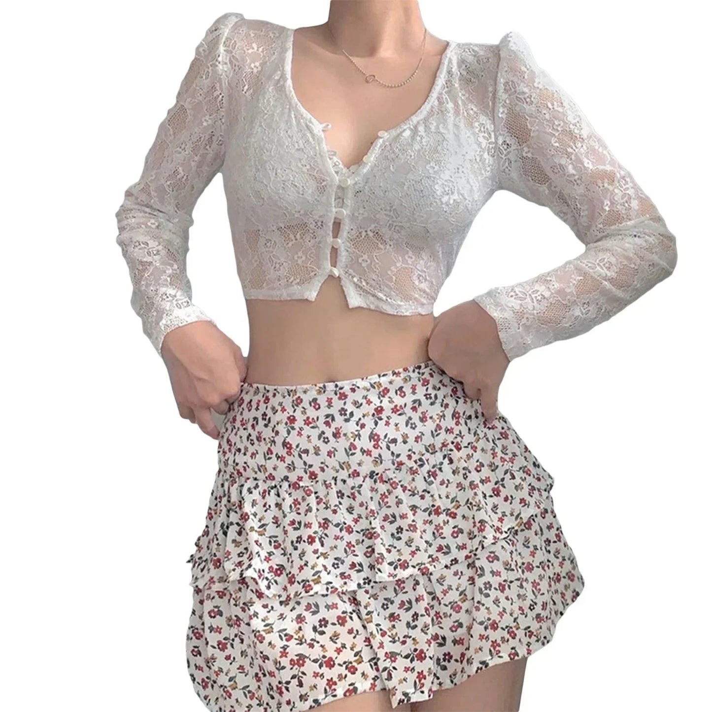 Designer Langarm Bluse mit V-Ausschnitt, Spitze und Transparenz von Fudus