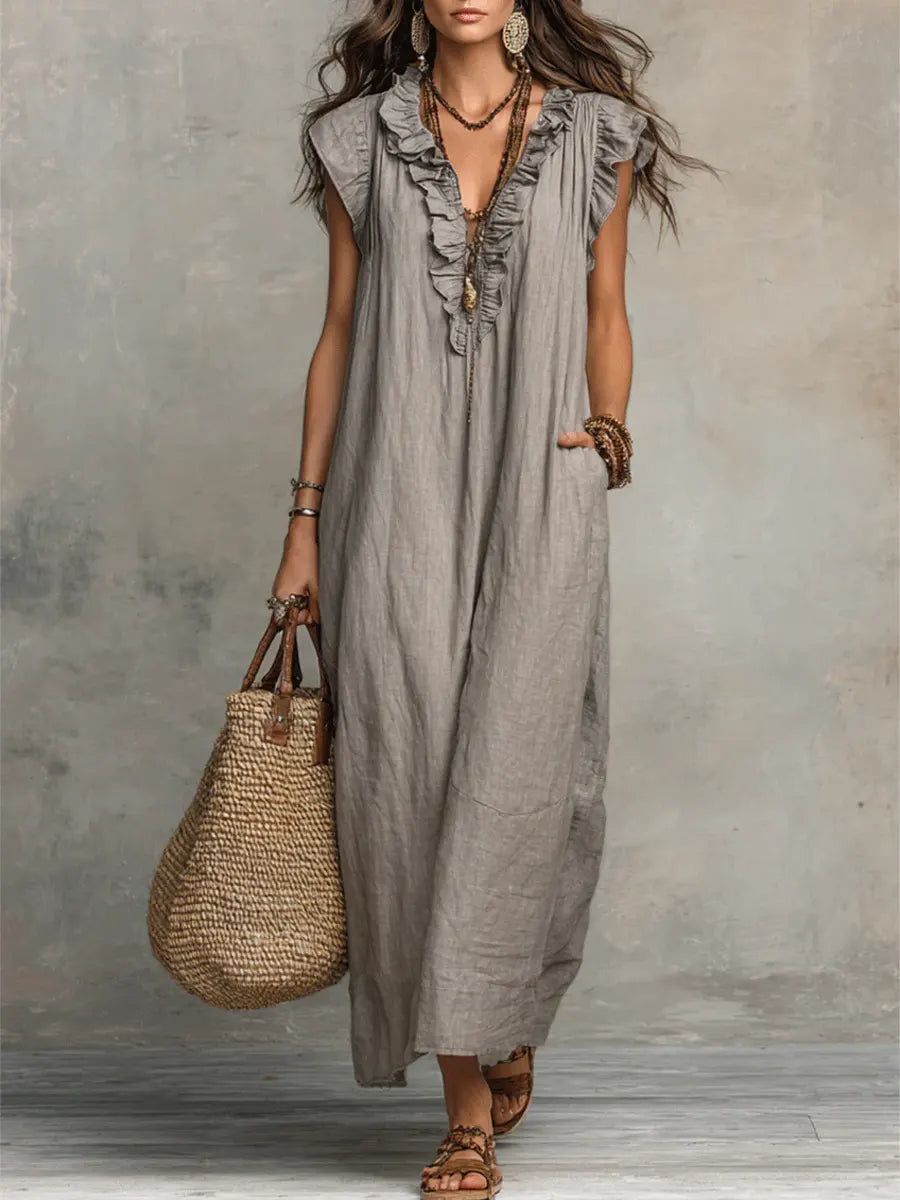 Xanthe | Damen V-Ausschnitt Rüschen Maxikleid