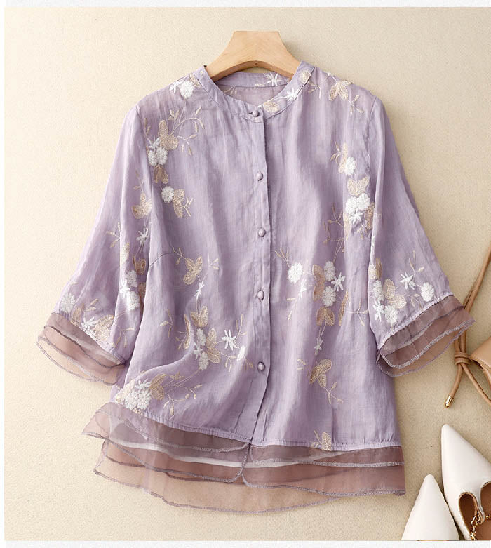 KROHN-E Damen Bluse Blumenstickerei Leichte Baumwolle Beige Elegant