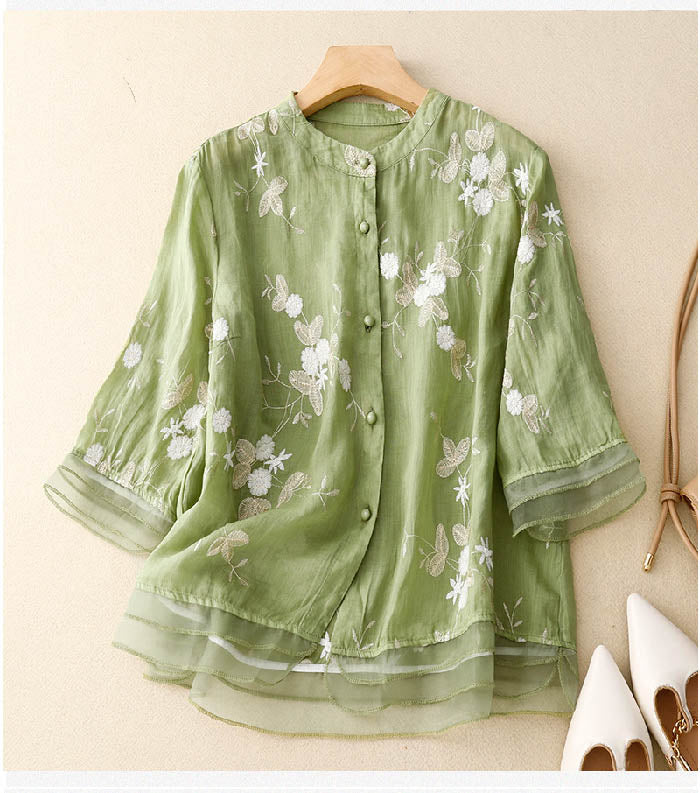 KROHN-E Damen Bluse Beige Blumenstickerei Baumwolle