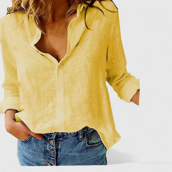 KROHN-E Damen Button-Down Bluse Leinen Wellenförmiger Reverskragen Relaxed-Fit