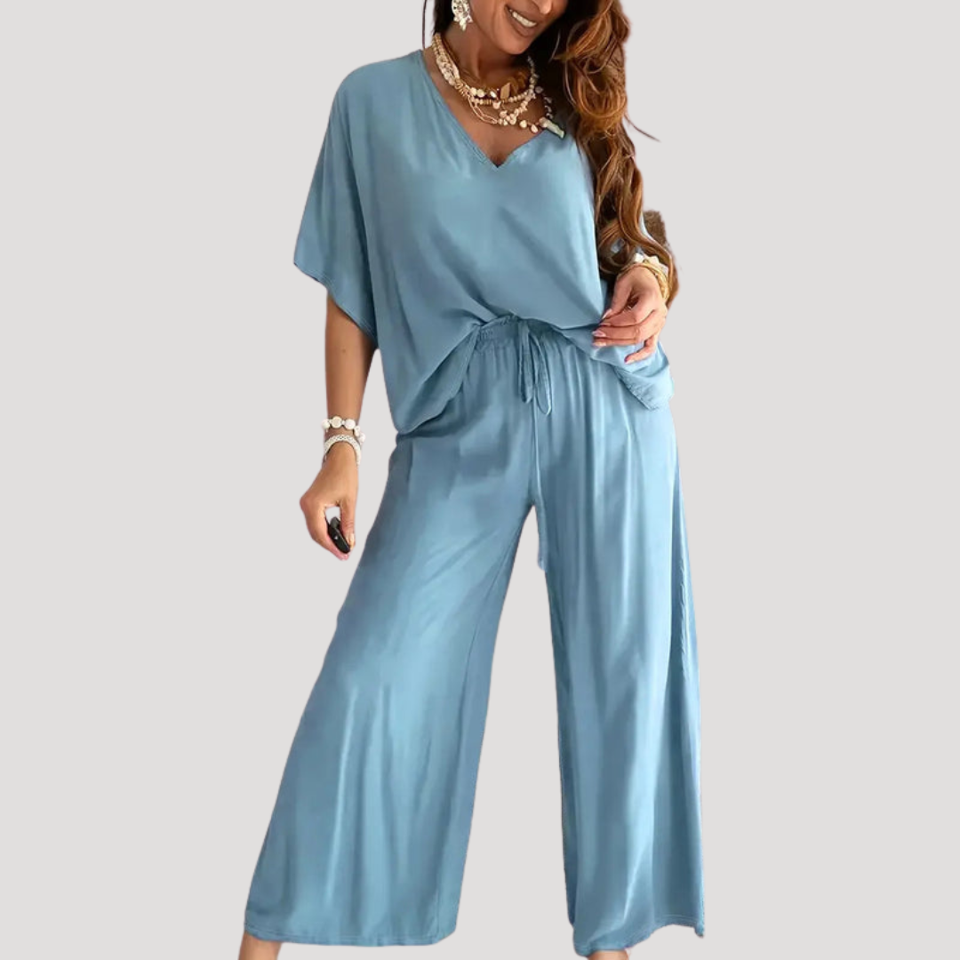 Zivana | Damen Zweiteiler V-Ausschnitt Weite Hose Set