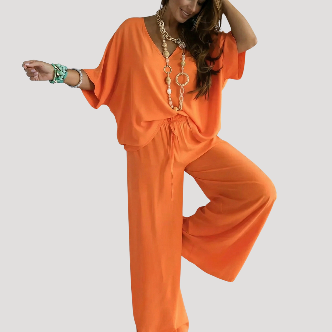 Zivana | Damen Zweiteiler V-Ausschnitt Weite Hose Set